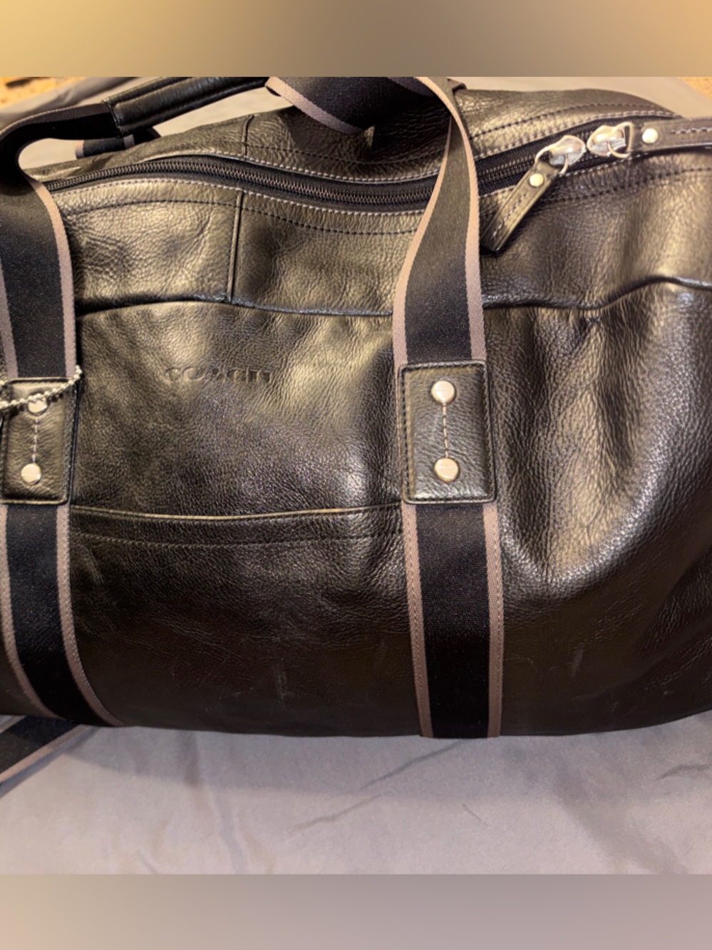 Coach Black Leather Duffel with Brown-Trim Webbing Straps